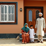 **Prompt:** Urdu family in front of a modest home, concerned about property tax bill, Pakistan setting.