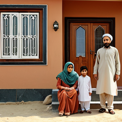 Home 11 **Prompt:** Urdu family in front of a modest home, concerned about property tax bill, Pakistan setting.