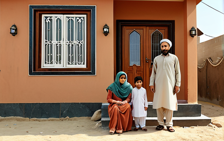 **Prompt:** Urdu family in front of a modest home, concerned about property tax bill, Pakistan setting.
