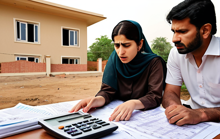 **
"Pakistani family looking stressed and confused while reviewing property tax documents. Include visual elements like a calculator, forms with Urdu script, and a concerned expression. The overall tone should convey the complexities of property taxes in Pakistan. Possibly a modern house in the background subtly blurred."
**